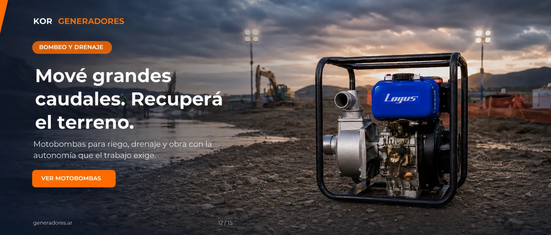 Motobomba Logus lista para trabajar en un terreno, con sus conexiones limpias y sin mangueras.