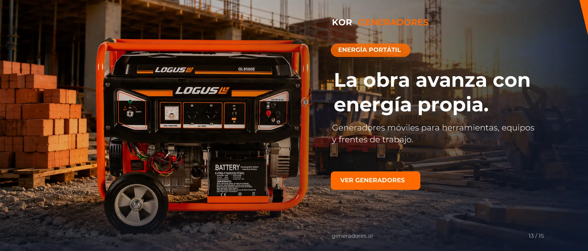Generador portátil Logus alimentando una obra. La obra avanza con energía propia.