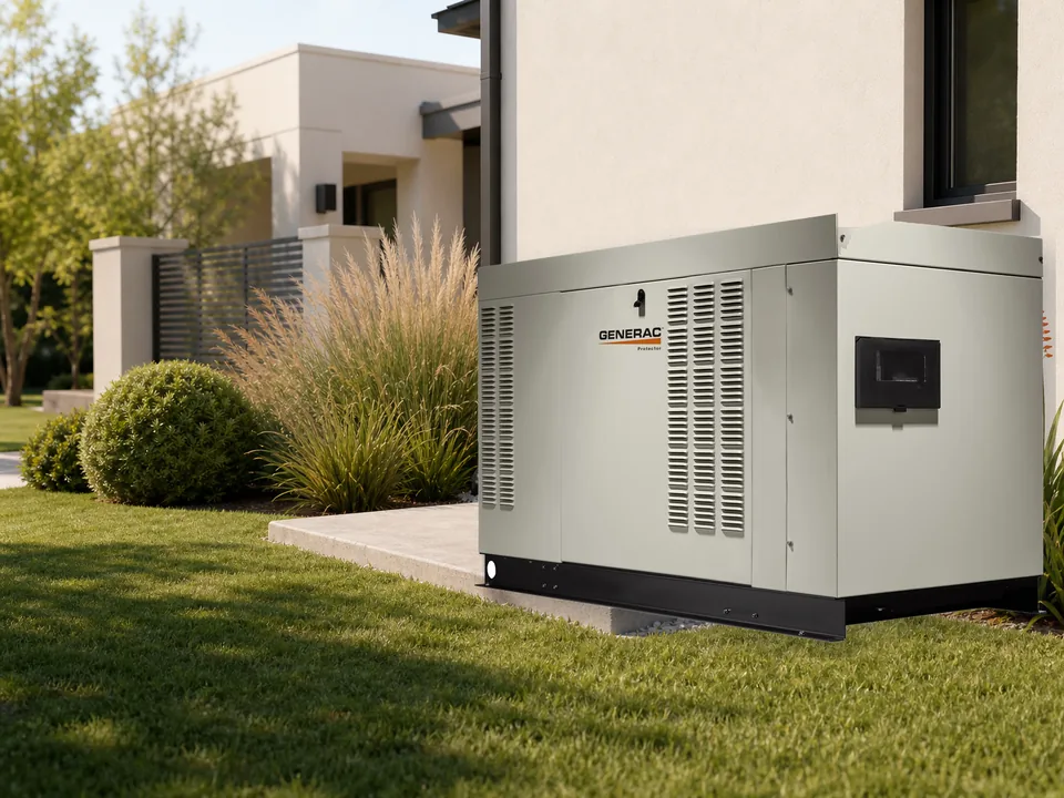 Generac Protector RG040 real instalado junto a una vivienda