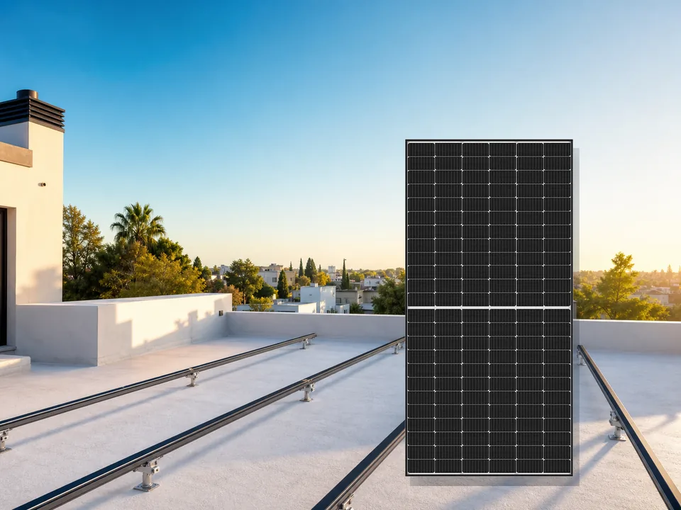 Panel solar PSL-630W real sobre una cubierta moderna