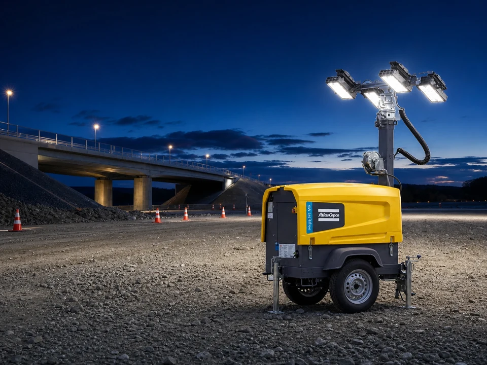 Torre de iluminaci&oacute;n Atlas Copco V7 integrada naturalmente en una obra nocturna